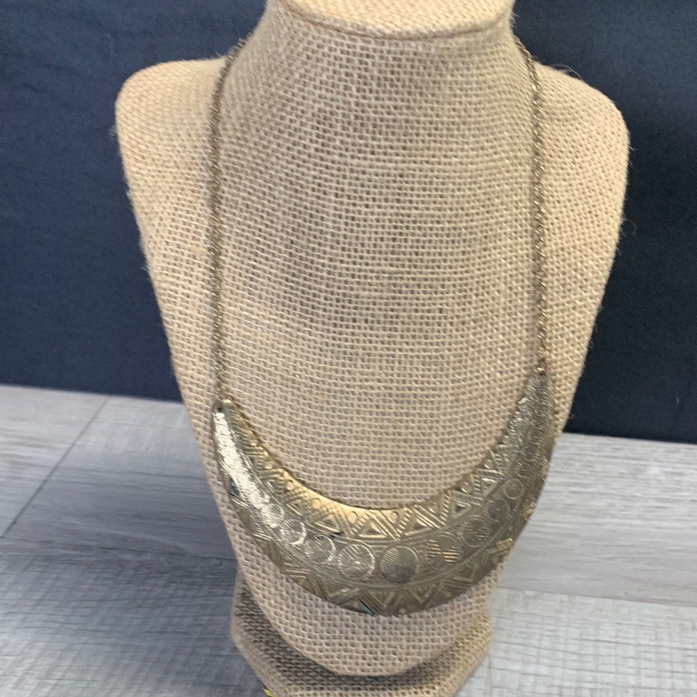 Gold Tone Etched Geometric Crescent Bib Necklace 20 Inch Tribal Style